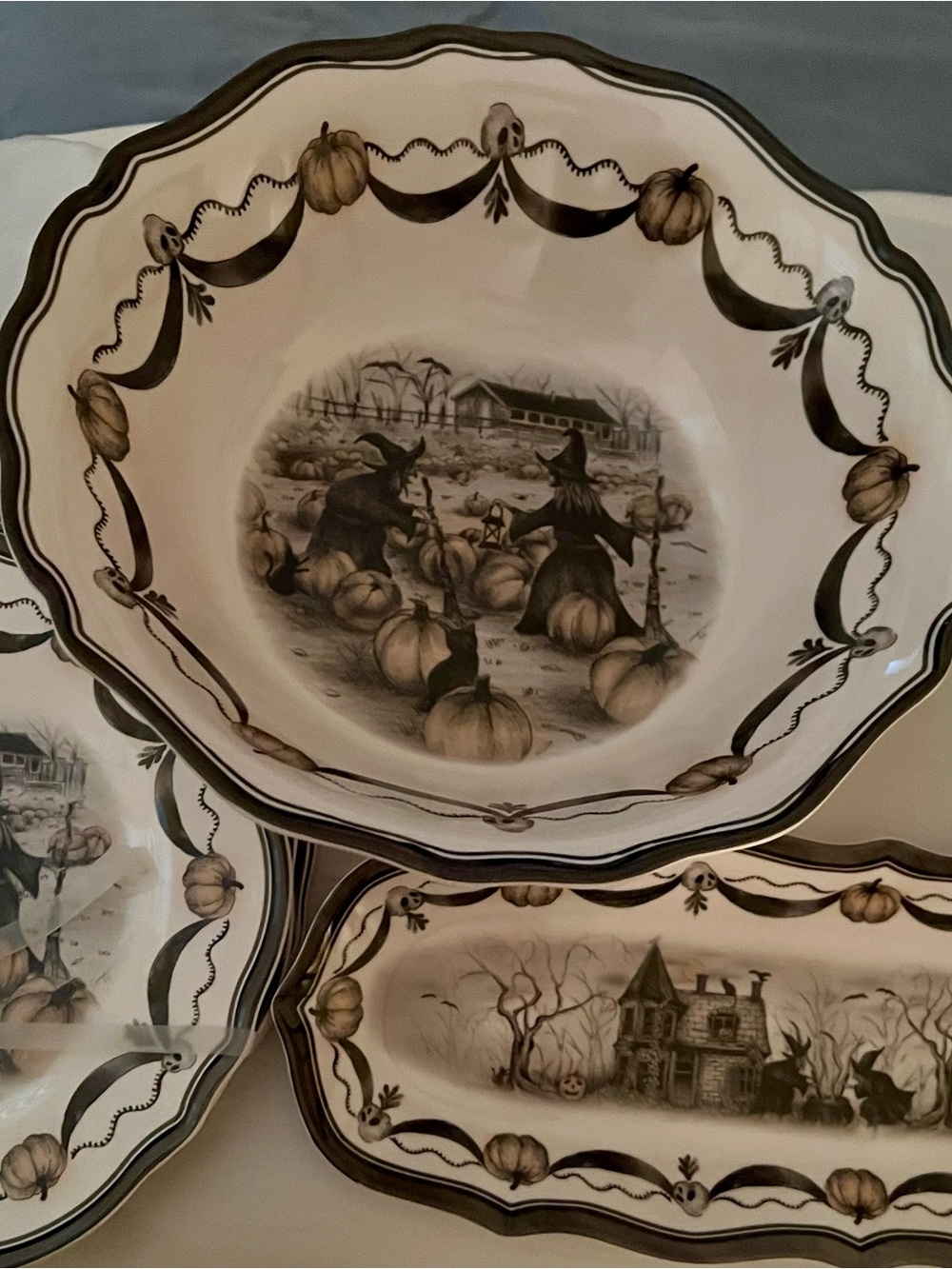 Vintage Halloween Pumpkin & Witch Serving Bowl - Neutral Monochrome